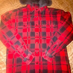 American Eagle Med Red and Black Plaid Hooded Shirt